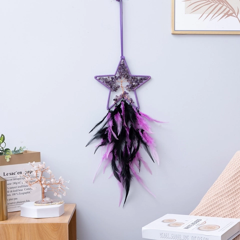 Acchiappasogni A Forma Di Stella Da Parete Con Albero Della Vita In Ametista E Piume Viola Nere Decorazione Boho