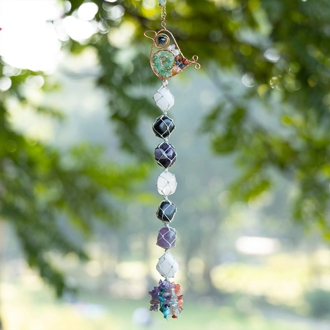 Chakra Natural Stones Hanging Ornament Bird Metal Wire Wrapped Healing Crystal Woven Boho Car Decor Wall Decoration