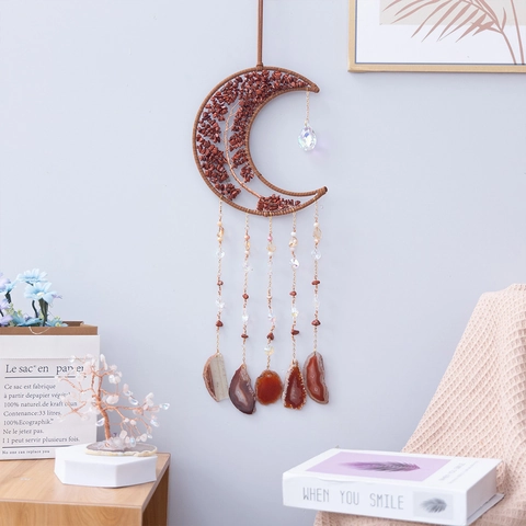 Bohemian Moon Tree of Life Wall Hanging Decor With Natural Agate Slices Red Stone Crystal Handmade Dream Catcher For Living Room Bedroom