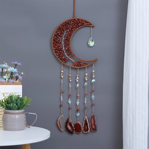 Bohemian Moon Tree of Life Wall Hanging Decor With Natural Agate Slices Red Stone Crystal Handmade Dream Catcher For Living Room Bedroom