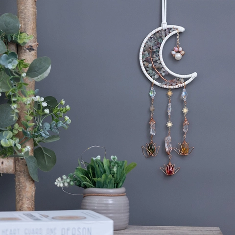 Handgefertigter Mond Lebensbaum Traumfänger Naturfluorit Kristall Wandbehang Makramee Boho Haus Garten Dekor Heilung