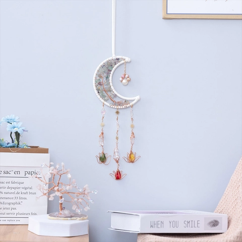 Handgefertigter Mond Lebensbaum Traumfänger Naturfluorit Kristall Wandbehang Makramee Boho Haus Garten Dekor Heilung