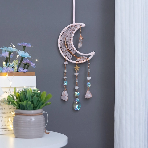 Rose Quartz Moon Dream Catcher Tree Of Life Handmade Crystal Hanging Ornament Boho Wall Decor Pink Healing Gift