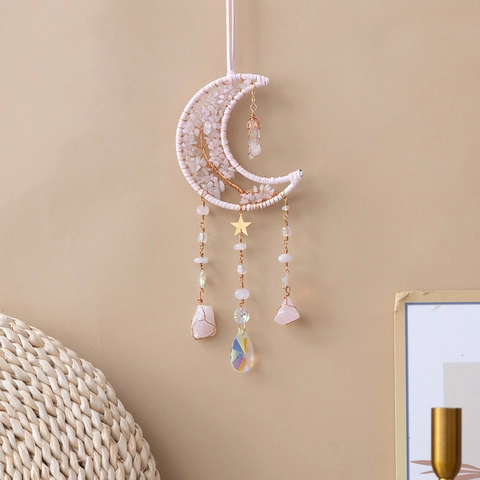 Rose Quartz Moon Dream Catcher Tree Of Life Handmade Crystal Hanging Ornament Boho Wall Decor Pink Healing Gift