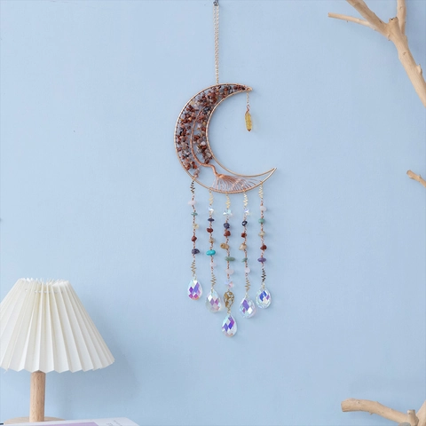 Handgefertigte Mond Baum Des Lebens Wandbehang Dekoration Natürliche Amethyst Mehrfarbige Schottersteine Traumfänger Für Zuhause