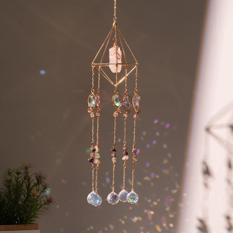 Geometric Metal Crystal Suncatcher Prism With Natural Stone Moon Pendant Hanging Ornament For Window Home Decor Gift