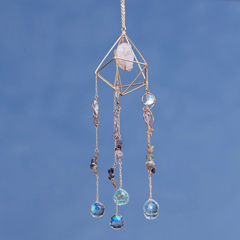 Geometric Metal Crystal Suncatcher Prism With Natural Stone Moon Pendant Hanging Ornament For Window Home Decor Gift