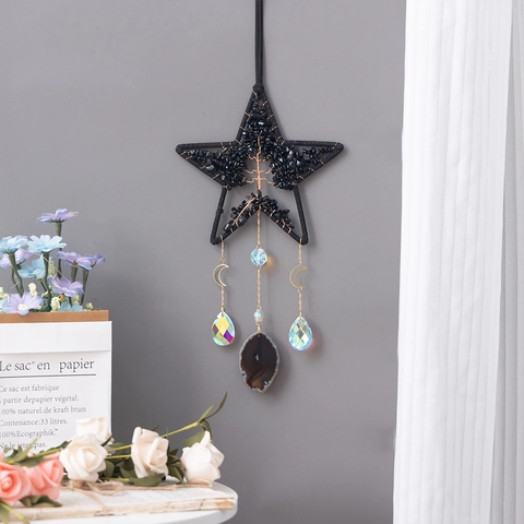 Star Suncatcher Hanging Ornament Tree Of Life Black Stone Agate Moon Crystal Bohemian Wall Decor For Home Window