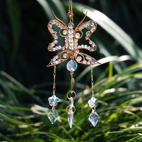 Handmade Butterfly Crystal Suncatcher Prism Rainbow Maker Wire Wrapped Metal Hanging Ornament For Window Garden Home