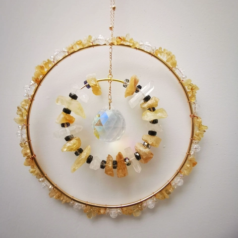 Citrino Cristallo Giallo Acchiappasole Ornamento Sospeso Anello Metallo Dorato Sfera Prisma Arcobaleno Per Giardino Finestra