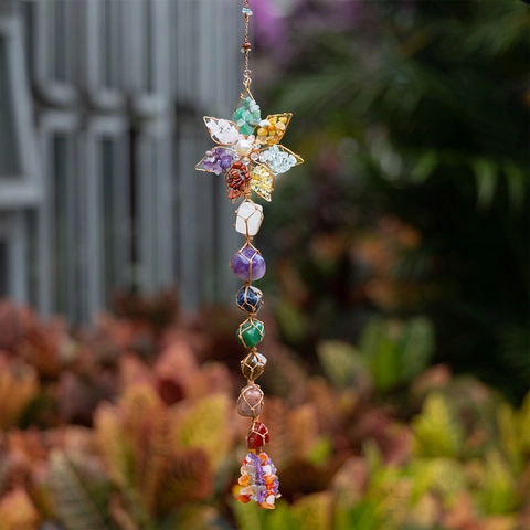 Ornamento Sospeso In Pietra Di Cristallo Naturale Sette Chakra Fatto A Mano Fiore Di Loto Avvolto Decorazione Parete