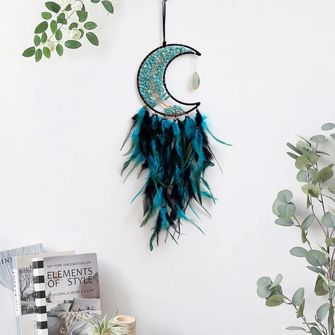 Handmade Moon Dream Catcher With Tree Of Life Turquoise Stones Feather Wall Hanging Decor For Boho Home Bedroom Decoration