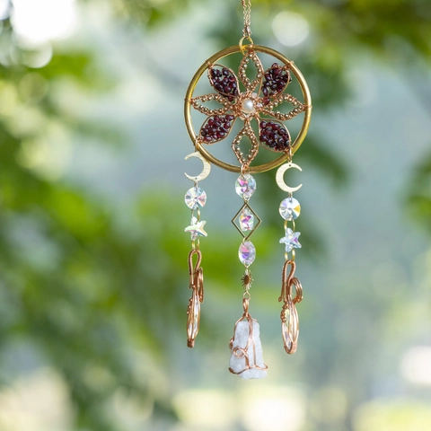 Handmade Crystal Suncatcher Dreamcatcher Natural Raw Stone Garnet Moon Star Hanging Home Decor Window Rainbow Maker