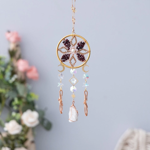 Handmade Crystal Suncatcher Dreamcatcher Natural Raw Stone Garnet Moon Star Hanging Home Decor Window Rainbow Maker