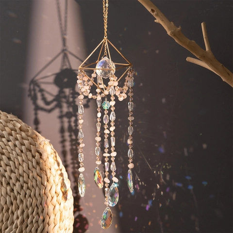 Geometric Iron Pyramid Suncatcher Hanging Ornament With Rose Quartz And Prism Crystal Beads For Window Garden Home Decor