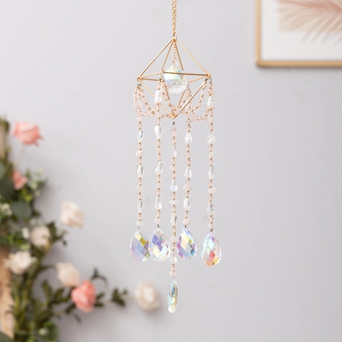 Geometric Iron Pyramid Suncatcher Hanging Ornament With Rose Quartz And Prism Crystal Beads For Window Garden Home Decor