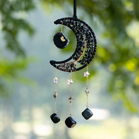 Διακοσμητικό Κρεμαστό Φεγγάρι Obsidian Tree Of Life Κρυστάλλινη Πέτρα Χειροποίητο Boho Διακόσμηση Τοίχου Για Σπίτι Κήπο Γραφείο