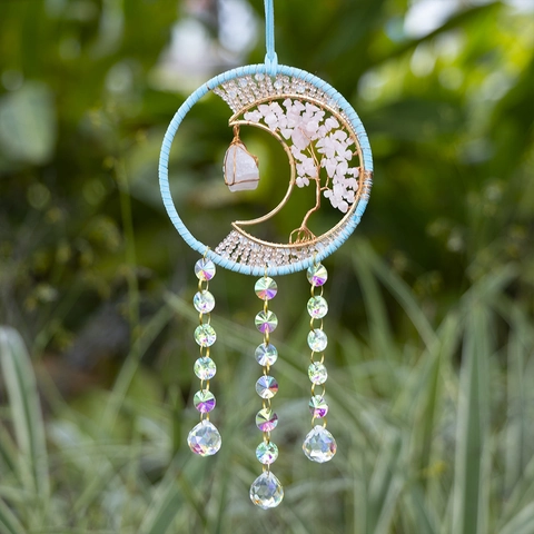 Tree Of Life Rose Quartz Crystal Moon Suncatcher Handmade Hanging Ornament For Garden Party Home Decoration Boho Gift