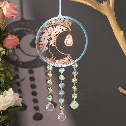 Tree Of Life Rose Quartz Crystal Moon Suncatcher Handmade Hanging Ornament For Garden Party Home Decoration Boho Gift