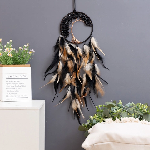 Tree Of Life Dreamcatcher Handmade Feather Stone Bead Wall Hanging Decor Boho Home Room Ornament