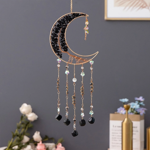 Böhmischer Mond Lebensbaum Traumfänger Wandbehang Gold Metall Schwarz Naturstein Kristallperlen Quaste Haus Dekor