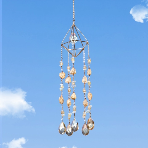 Handmade Natural Citrine Raw Stone Pyramid Suncatcher Geometric Gold Metal Frame Crystal Wind Chime Hanging Decoration For Home Garden