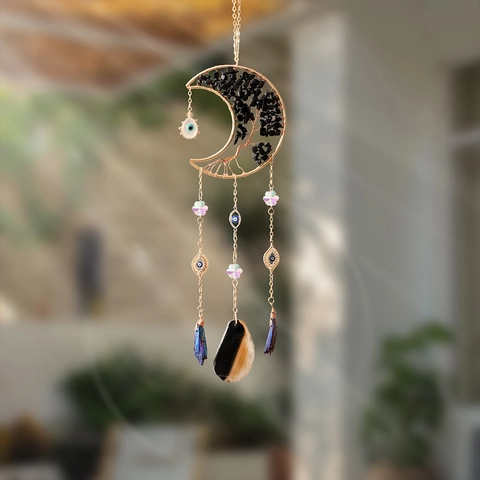 Moon Suncatcher Hanging Ornament With Life Tree Black Obsidian Stones Evil Eye Agate Slice Bohemian Wall Decor