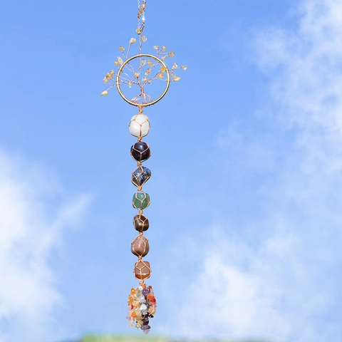 7 Chakra Natural Stone Tree of Life Hanging Ornament Golden Wire Wrapped Raw Stones Spiritual Healing Home Car Decor Meditation Gift