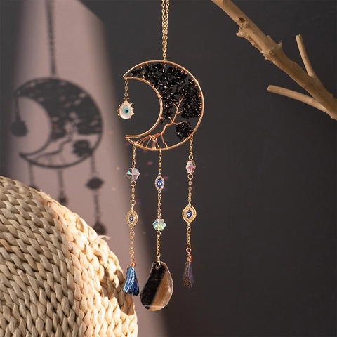 Moon Suncatcher Hanging Ornament With Life Tree Black Obsidian Stones Evil Eye Agate Slice Bohemian Wall Decor