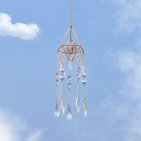 Geometric Crystal Suncatcher Hanging Ornament Natural White Crystal Raw Stone Rainbow Maker Prism Home Garden Window Decor