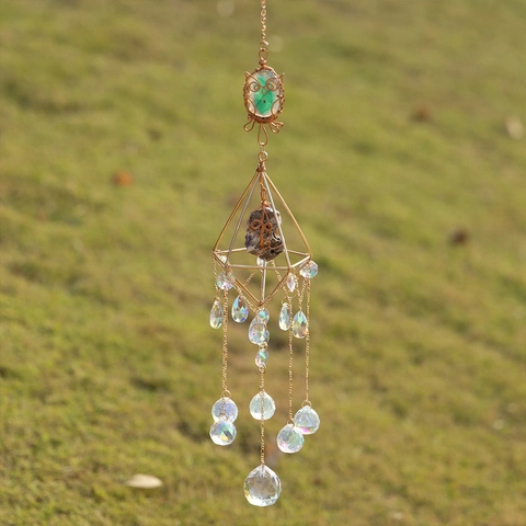 Handmade Owl Agate Suncatcher Crystal Prism Geometric Metal Frame Hanging Ornament Boho Home Window Decoration Gift