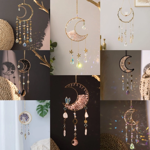 Tree Of Life Moon Crystal Suncatcher Natural Stone Rainbow Maker Boho Window Wall Hanging Ornament Home Garden Decor