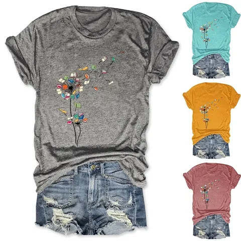T-Shirt Da Donna In Misto Cotone Stampa Creativa Libri Colorati Dente Di Leone Girocollo Manica Corta Top Artistico Casual