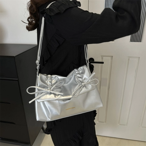 Sac À Épaule Plissé Cuir PU Nœud Papillon Sous L'Aisselle Tote Pour Femmes Mode Grande Capacité Souple