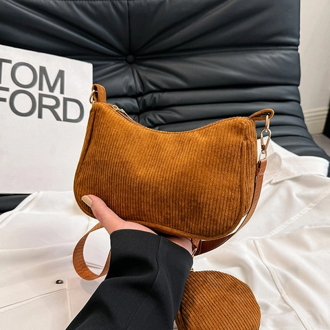 Corduroy Hobo Tasche Damen Vintage Halbmond Schultertasche Mit Passender Runder Münztasche Umhängetasche Lässige Tote