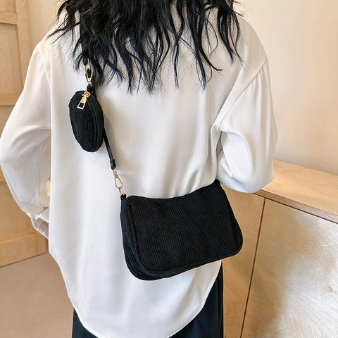 Sac Sous le Bras en Velours Côtelé Vintage pour Femmes Sac à Épaule Nervuré Minimaliste Avec Porte-Monnaie Rond Ensemble 2 en 1