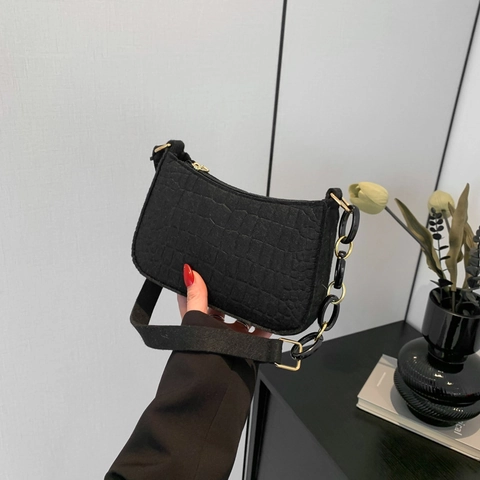 Bolso Baguette De Cuero PU Con Relieve De Cocodrilo Para Mujer Con Cadena Decorativa De Resina Bolso De Hombro Retro Cremallera