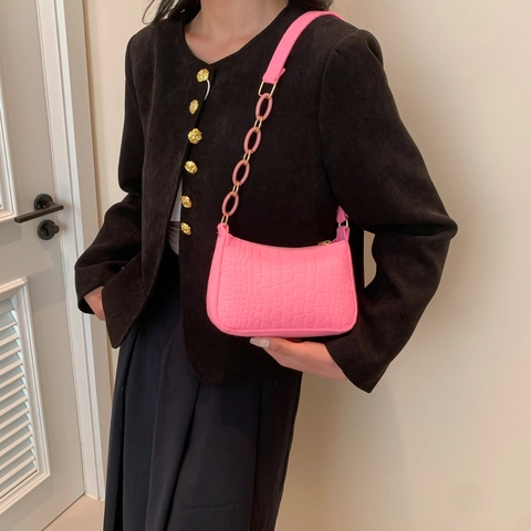 Bolso Baguette De Cuero PU Con Relieve De Cocodrilo Para Mujer Con Cadena Decorativa De Resina Bolso De Hombro Retro Cremallera