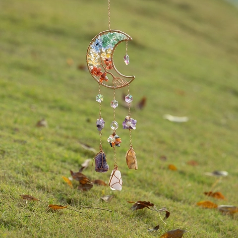 Tree Of Life Moon Crystal Suncatcher Natural Stone Rainbow Maker Boho Window Wall Hanging Ornament Home Garden Decor