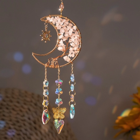 Mond Lebensbaum Sonnenfänger Rosa Quarz Kristallchips Handgefertigt Hängende Deko Gold Schmetterling Boho Ornament