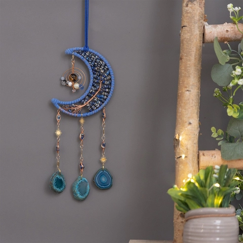 Blue Moon Dream Catcher Wall Hanging Handmade Natural Crystal Agate Tree Of Life Celestial Bohemian Home Decor