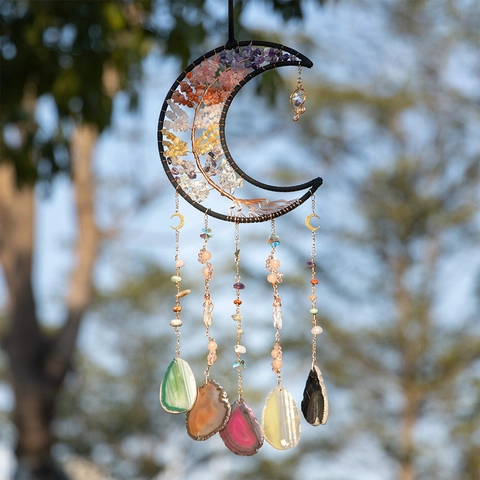 Bohemian Moon Tree of Life Dream Catcher Wall Hanging Decor With Natural Crystal Stone Seven Color Agate Slices Home Ornament