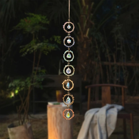 Natuursteen Chip Zeven Chakra Kristal Zonvanger Windgoris Handgemaakt IJzer Hangende Decoratie Voor Thuis Tuin Raam Ornament