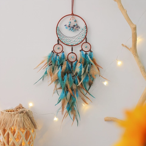 Acchiappasogni Albero Della Vita Decorazione Da Parete Con Piume Colorate Pietre Di Cristallo Blu Ornamento Casa Boho