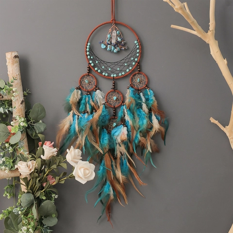 Acchiappasogni Albero Della Vita Decorazione Da Parete Con Piume Colorate Pietre Di Cristallo Blu Ornamento Casa Boho