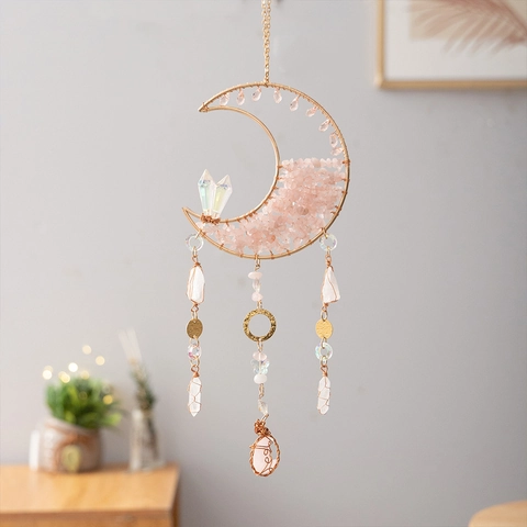 Atrapasol Forma Luna Bohemio Hecho A Mano Ornamento Colgante Cuarzo Rosa Cristal Alambre Metal Decoración Hogar Jardín