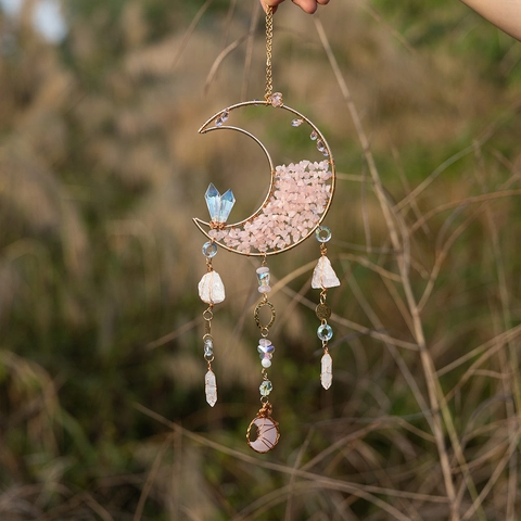 Atrapasol Forma Luna Bohemio Hecho A Mano Ornamento Colgante Cuarzo Rosa Cristal Alambre Metal Decoración Hogar Jardín