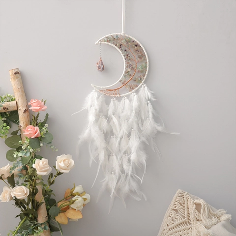 Handgefertigter Weißer Feder Traumfänger Mondform Baum des Lebens Kristallstein Wandbehang Deko Boho Haus Ornament