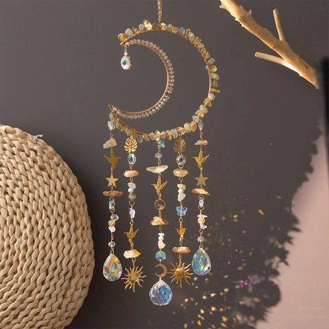 Acchiappasogni a Forma di Luna in Cristallo Sun Catcher Carillon a Vento Con Metallo Galvanizzato Pietra Naturale Decorazione Casa