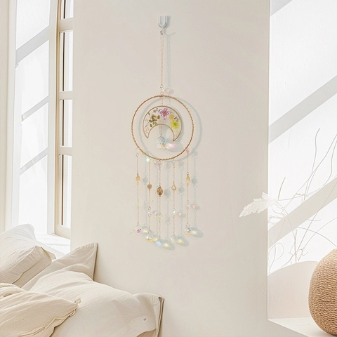 Mond Suncatcher Prisma Kristall Anhänger Mit Echten Getrockneten Blumen Metallring Traumfänger Wanddeko